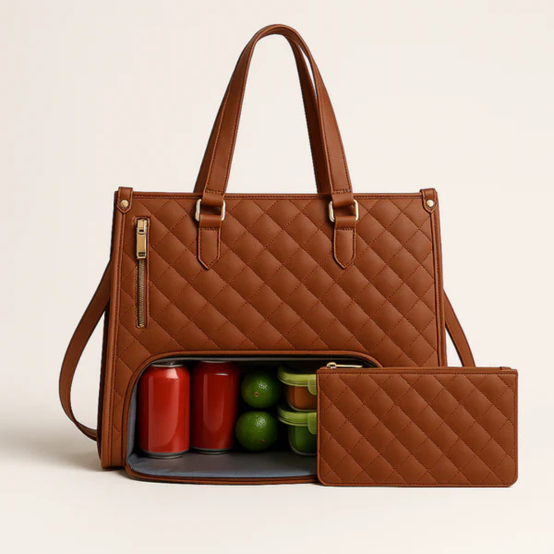 Quilted Faux-Leather Work Tote Bag with Insulated Compartment and Clutch
