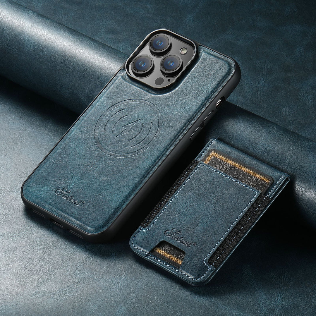 Blue leather iPhone case with card holder