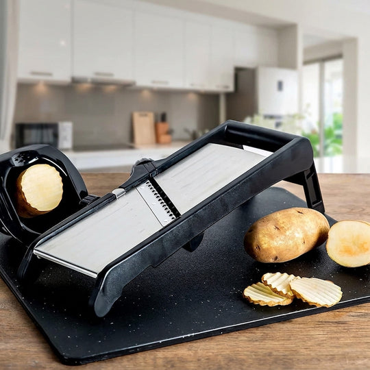 Mandoline slicer creating waffle-cut potato chips