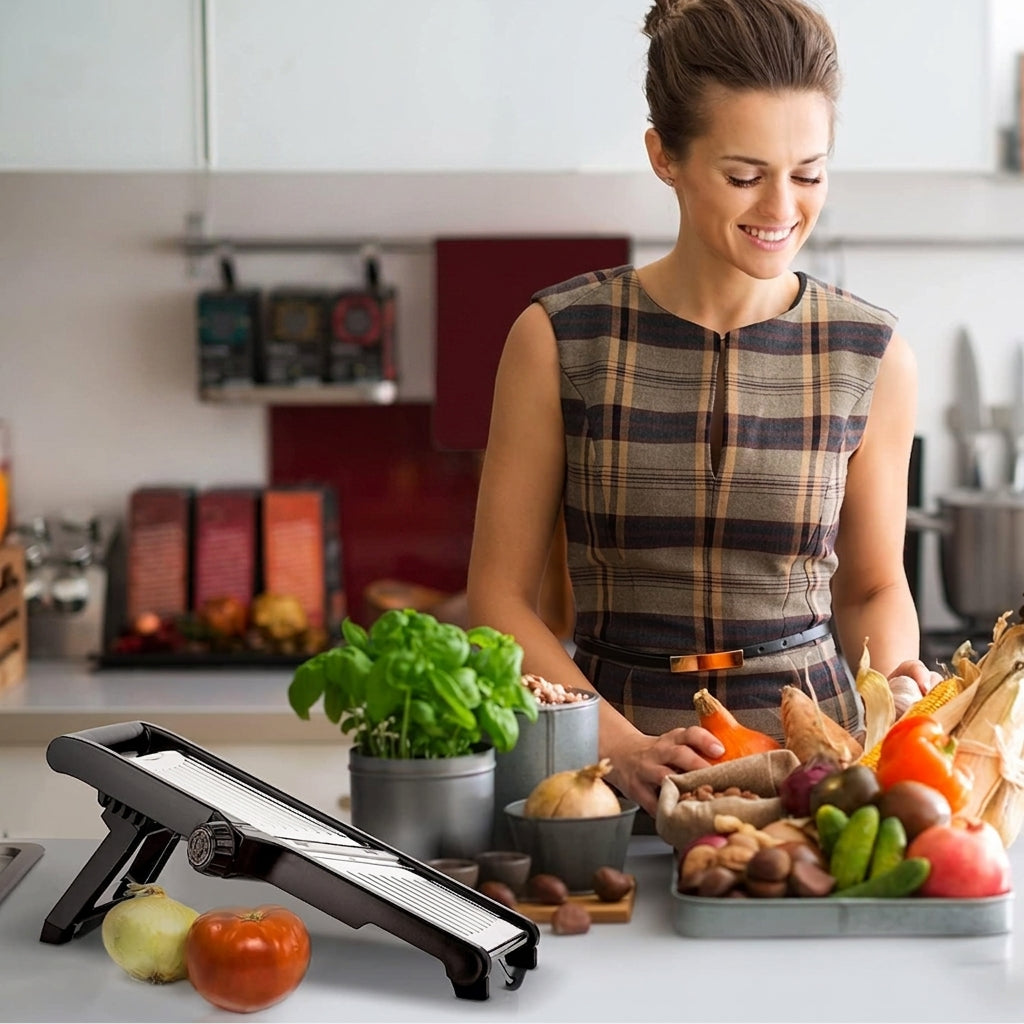 Woman using mandoline slicer in a modern kitchen