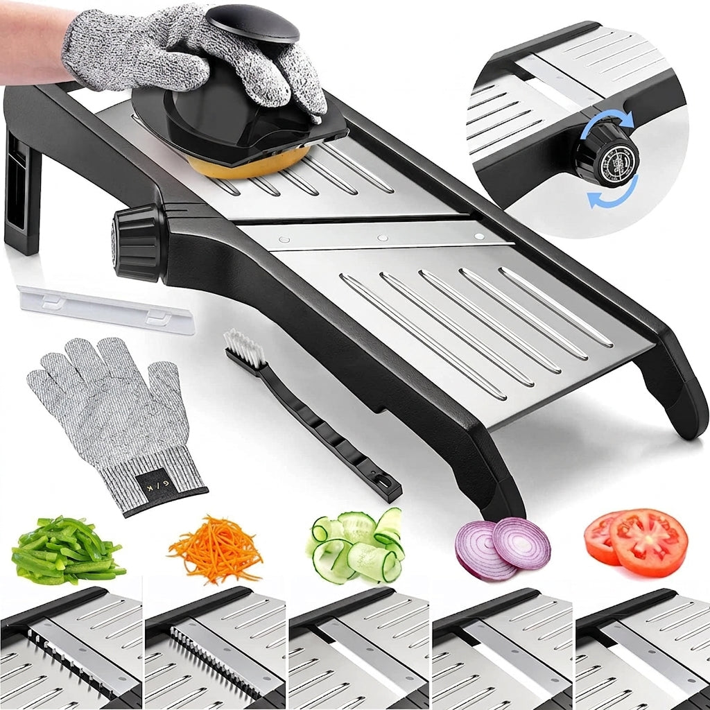 Adjustable mandoline slicer with cut-resistant gloves