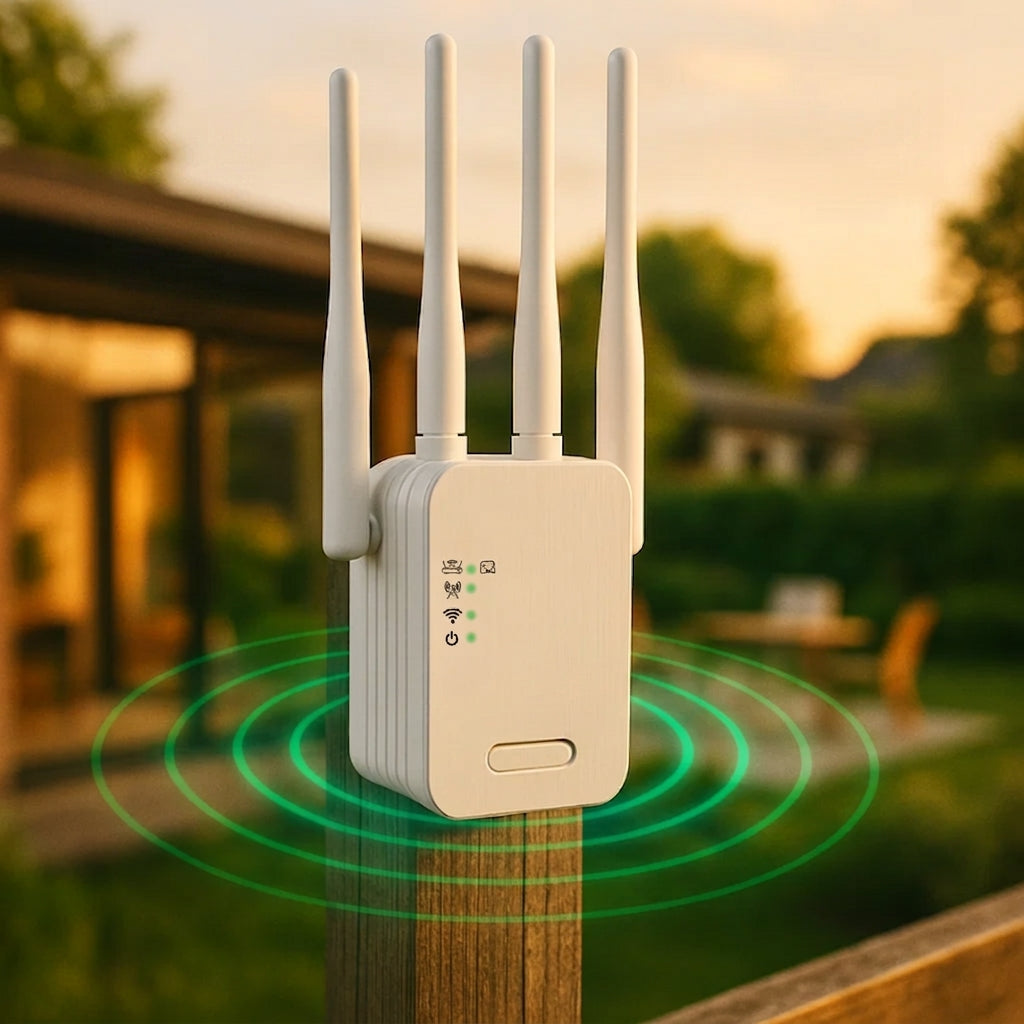 Outdoor WiFi extender mounted on a garden post