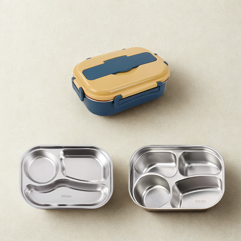 Yellow lunch box with steel trays