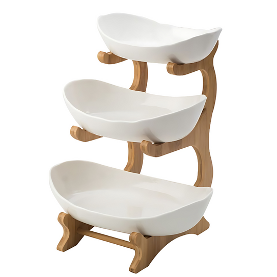 Tiered Plastic Fruit Bowl with Wooden Stand for Kitchen Counter and Dining