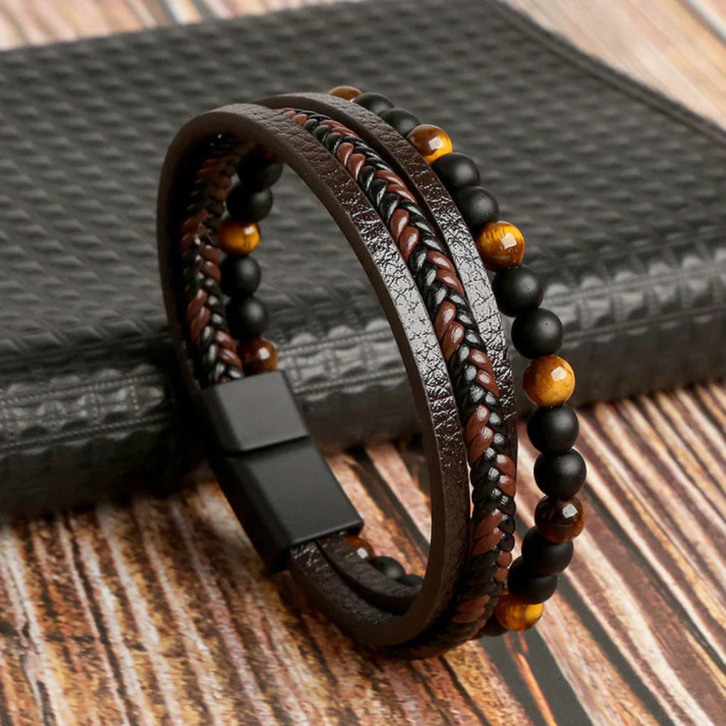 Brown leather bracelet with tiger eye beads