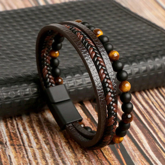 Brown leather bracelet with tiger eye beads