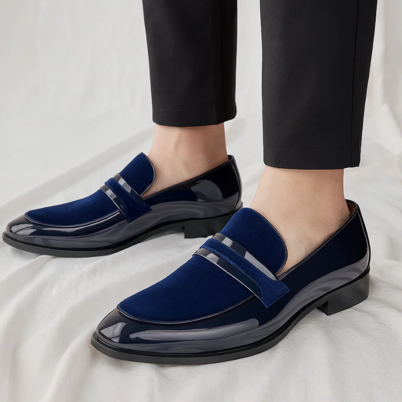 Glossy Patent and Suede Penny Loafers for Men