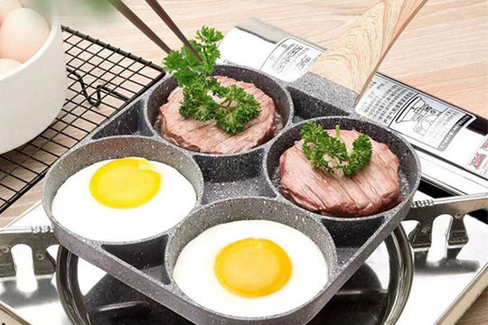 Omelet pan cooking eggs on stove