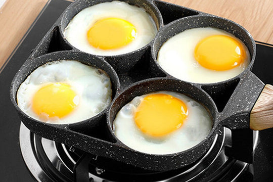 Breakfast eggs and toast with omelet pan