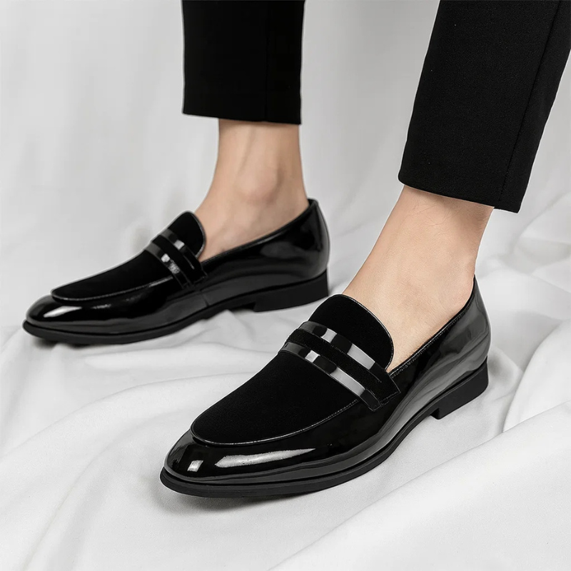 Glossy Patent and Suede Penny Loafers for Men
