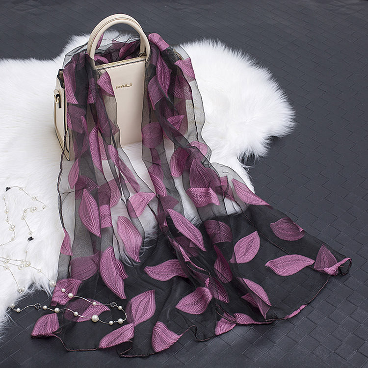 Elegant Hollow Floral Organza Silk Scarf for Women