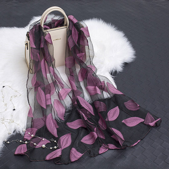 Elegant Hollow Floral Organza Silk Scarf for Women