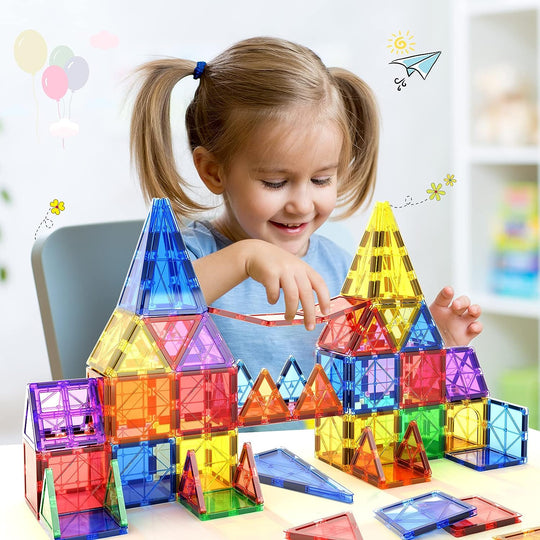 Kids playing with magnetic tile building set