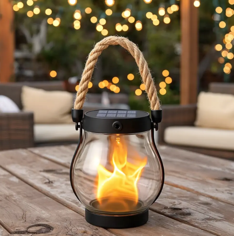 Solar Flickering Flame Lantern with Hemp Rope Handle for Garden and Patio