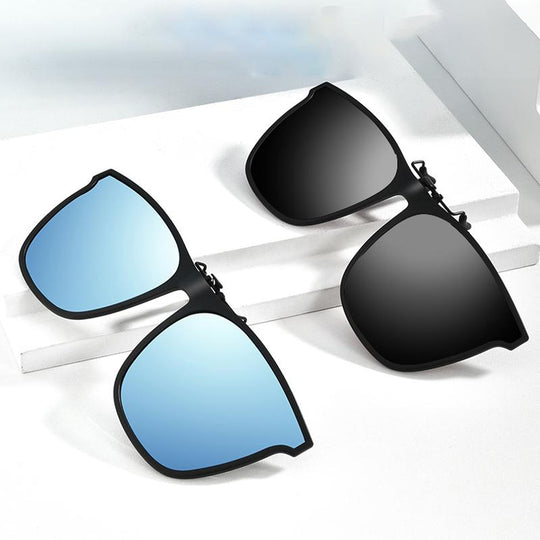 Blue and black clip-on sunglasses