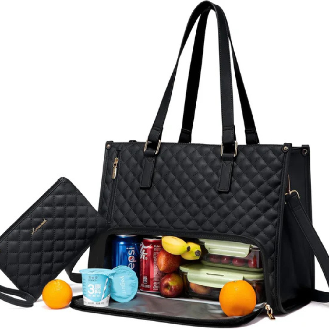 Quilted Faux-Leather Work Tote Bag with Insulated Compartment and Clutch