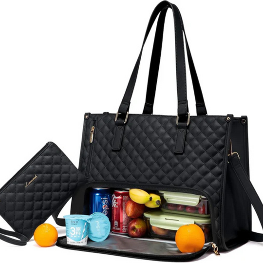 Quilted Faux-Leather Work Tote Bag with Insulated Compartment and Clutch