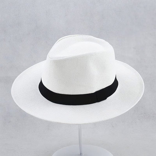 White straw panama hat with black band