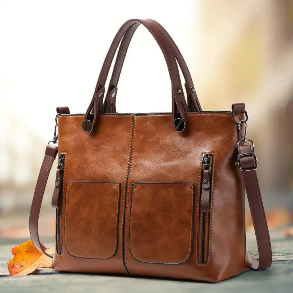 Classic Faux Leather Tote Bag with Twin Front Pockets for Work and Everyday