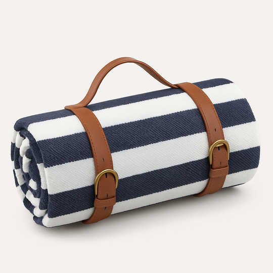 Navy stripe picnic blanket rolled
