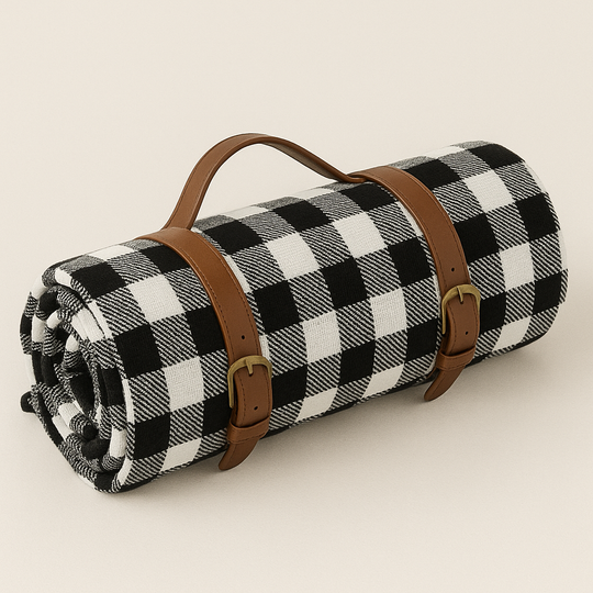 Black check picnic blanket rolled