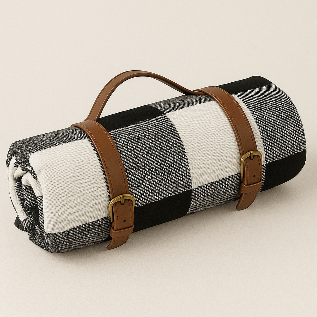 Black stripe picnic blanket rolled