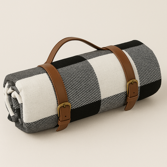 Black stripe picnic blanket rolled