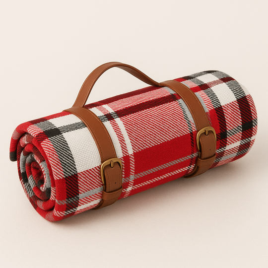 Red tartan picnic blanket rolled