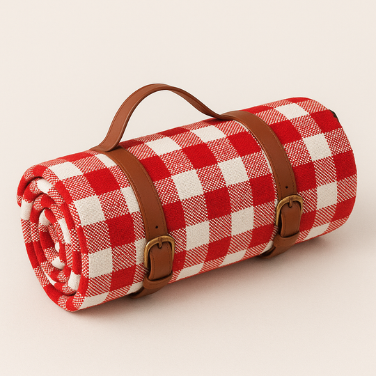 Red gingham picnic blanket rolled