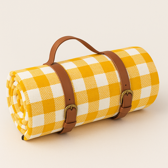 Yellow gingham picnic blanket rolled
