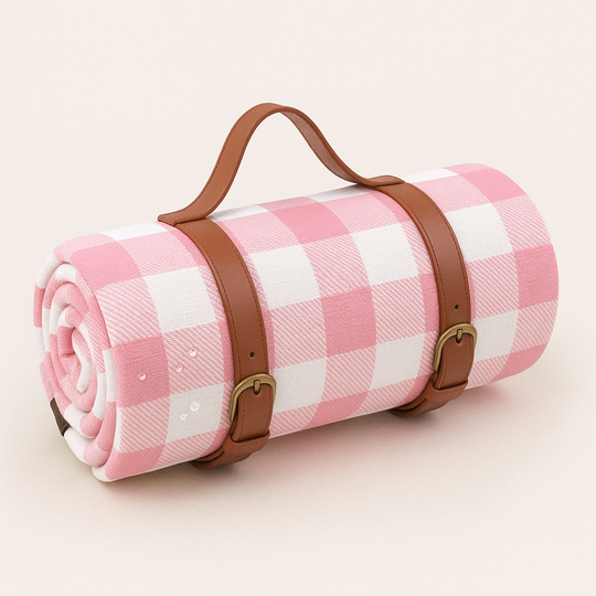 Pink gingham picnic blanket rolled