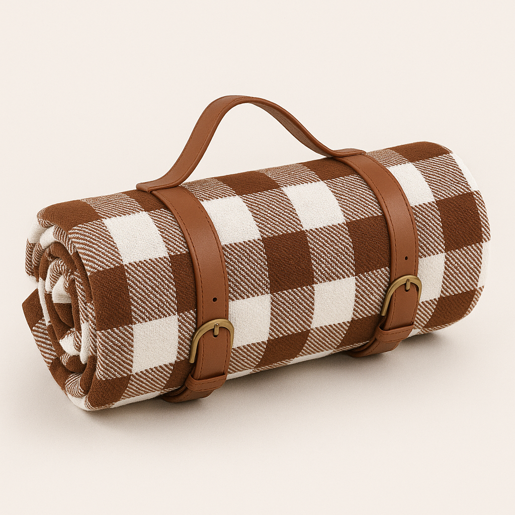 Brown check picnic blanket rolled