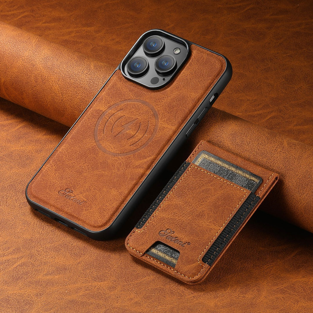 Khaki leather iPhone case with card holder