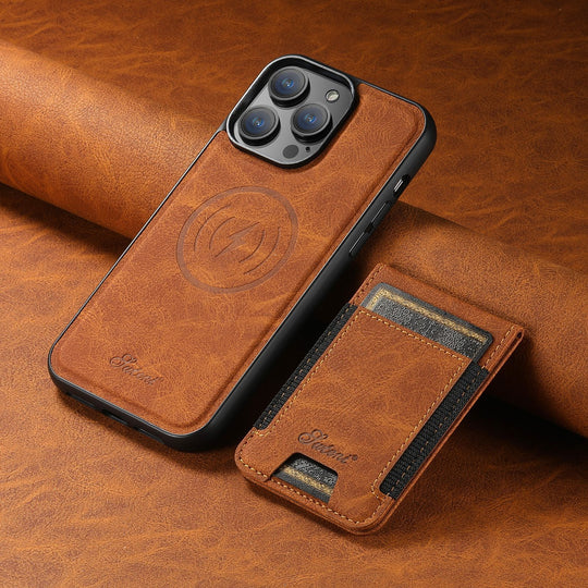 Khaki leather iPhone case with card holder