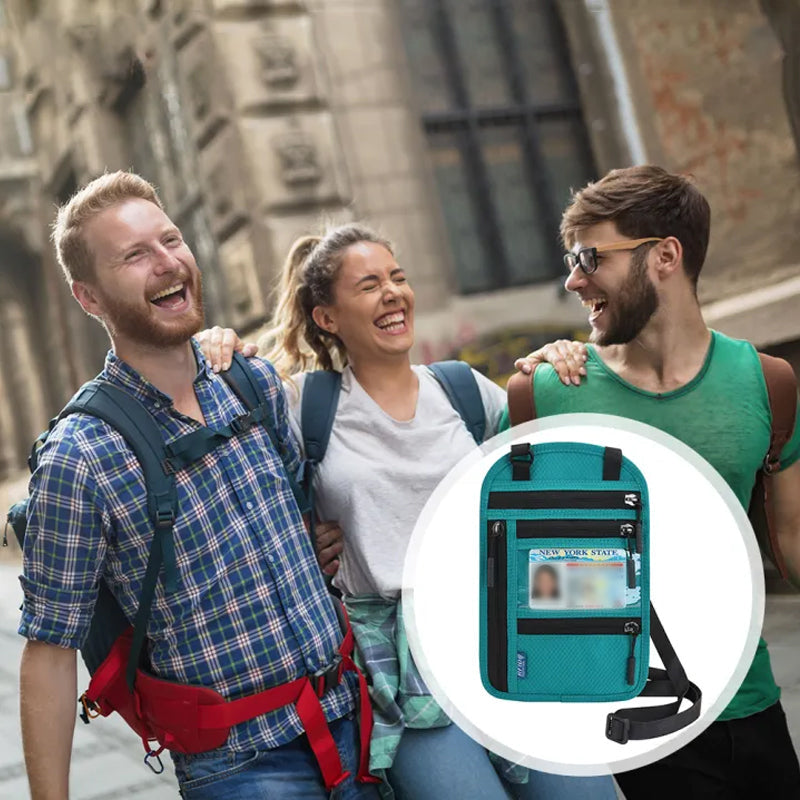 Travelers using the teal RFID neck wallet