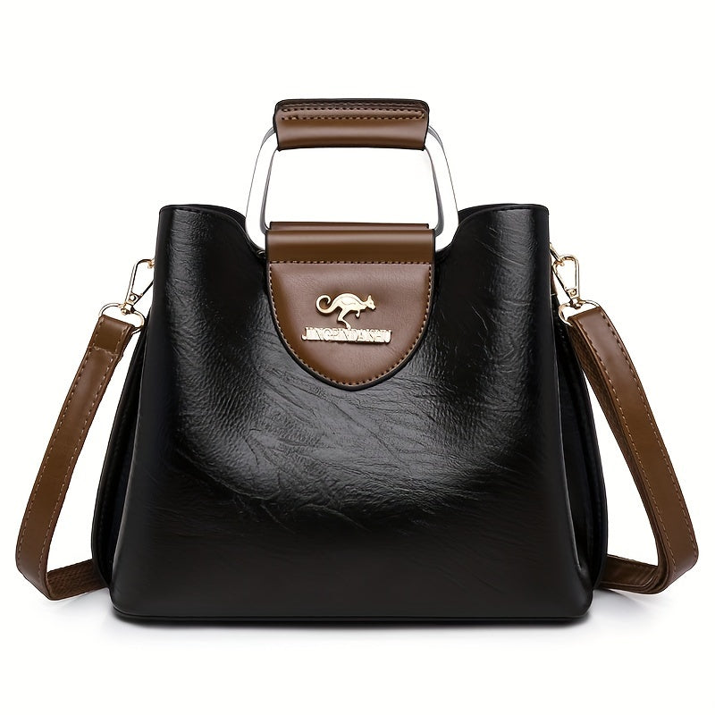 Two-Tone Vegan Leather Top-Handle Handbag with Crossbody Strap for Everyday Style