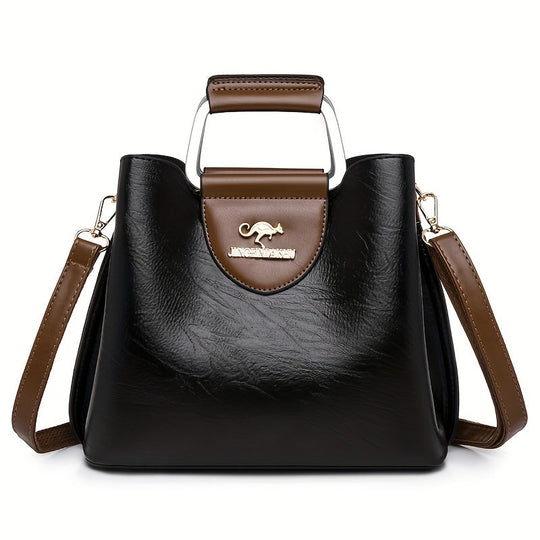 Two-Tone Vegan Leather Top-Handle Handbag with Crossbody Strap for Everyday Style