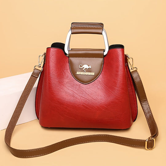 Two-Tone Vegan Leather Top-Handle Handbag with Crossbody Strap for Everyday Style