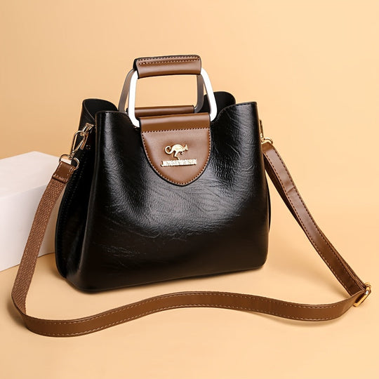 Two-Tone Vegan Leather Top-Handle Handbag with Crossbody Strap for Everyday Style