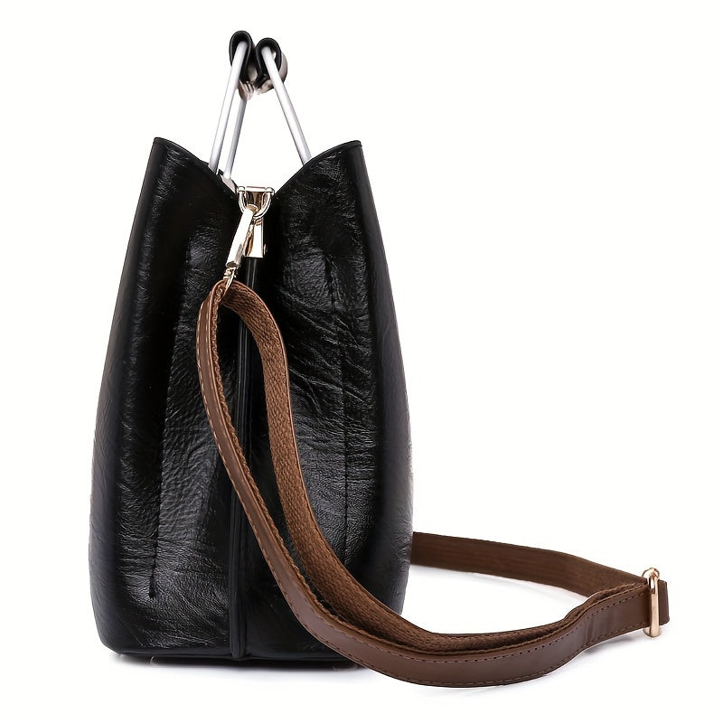 Two-Tone Vegan Leather Top-Handle Handbag with Crossbody Strap for Everyday Style