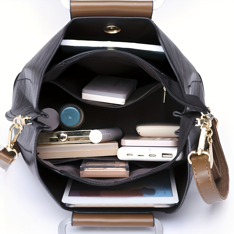 Two-Tone Vegan Leather Top-Handle Handbag with Crossbody Strap for Everyday Style