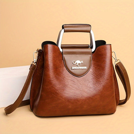 Two-Tone Vegan Leather Top-Handle Handbag with Crossbody Strap for Everyday Style