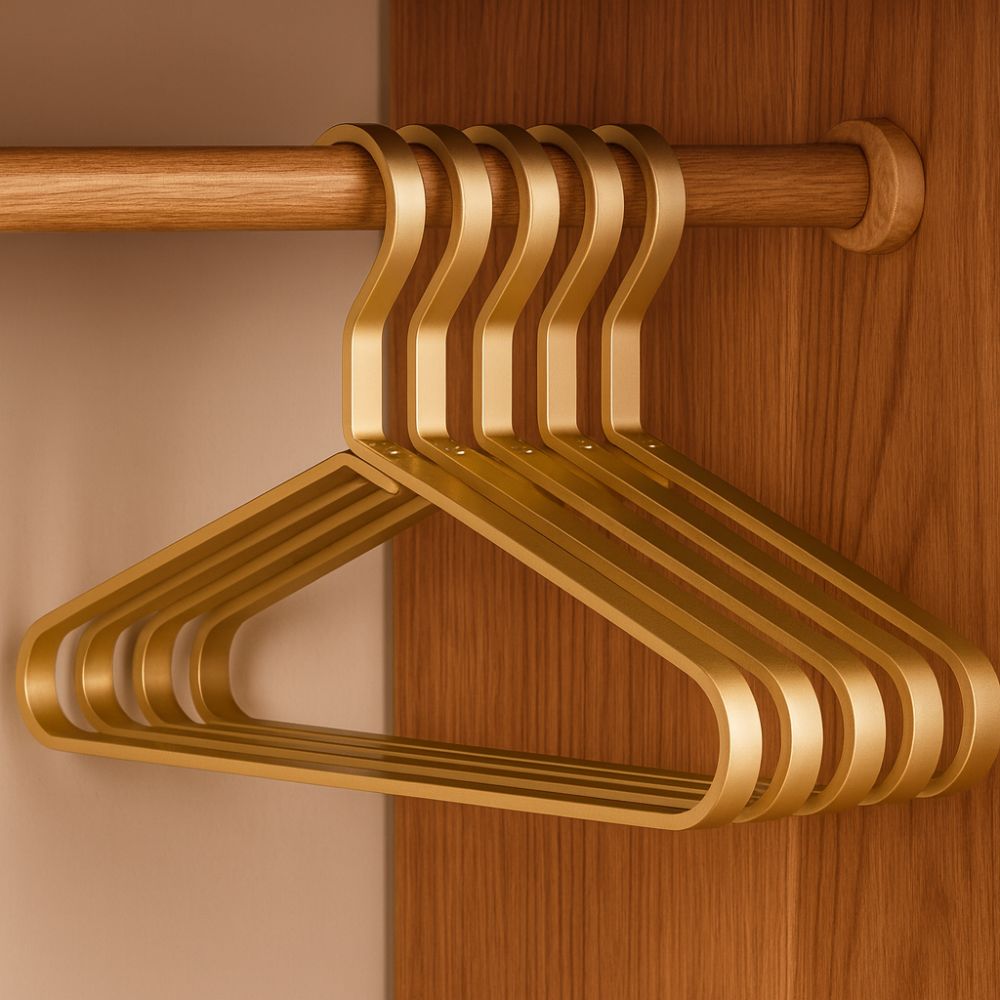 Gold alloy hangers on closet rod