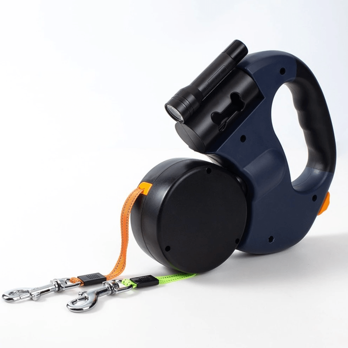 Blue dual dog leash with flashlight