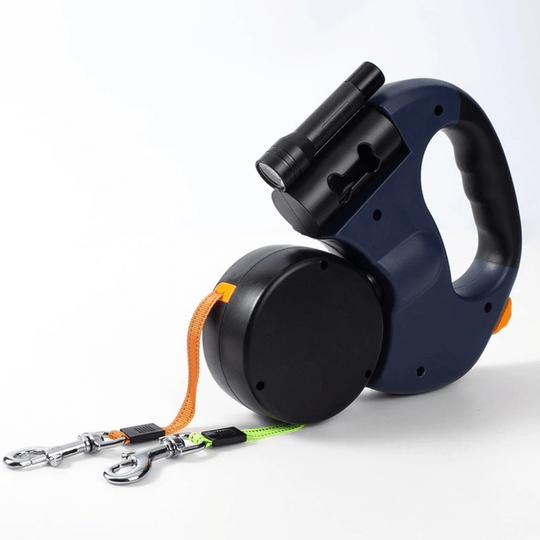 Blue dual dog leash with flashlight