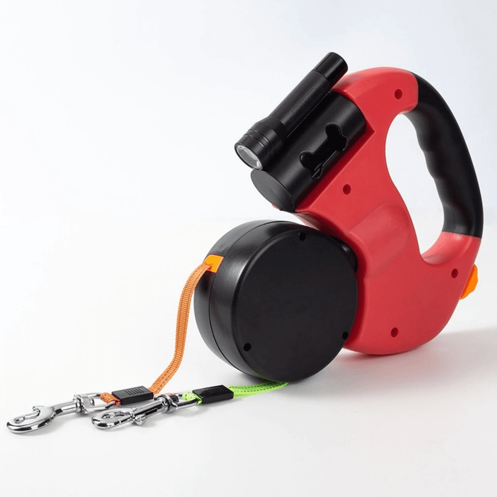 Red dual dog leash with flashlight
