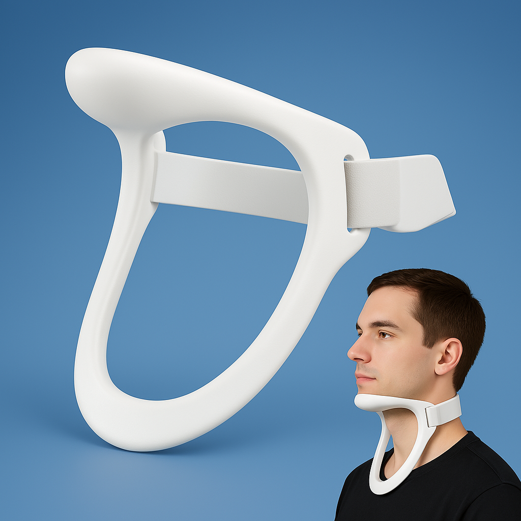 Man wearing ergonomic neck posture support