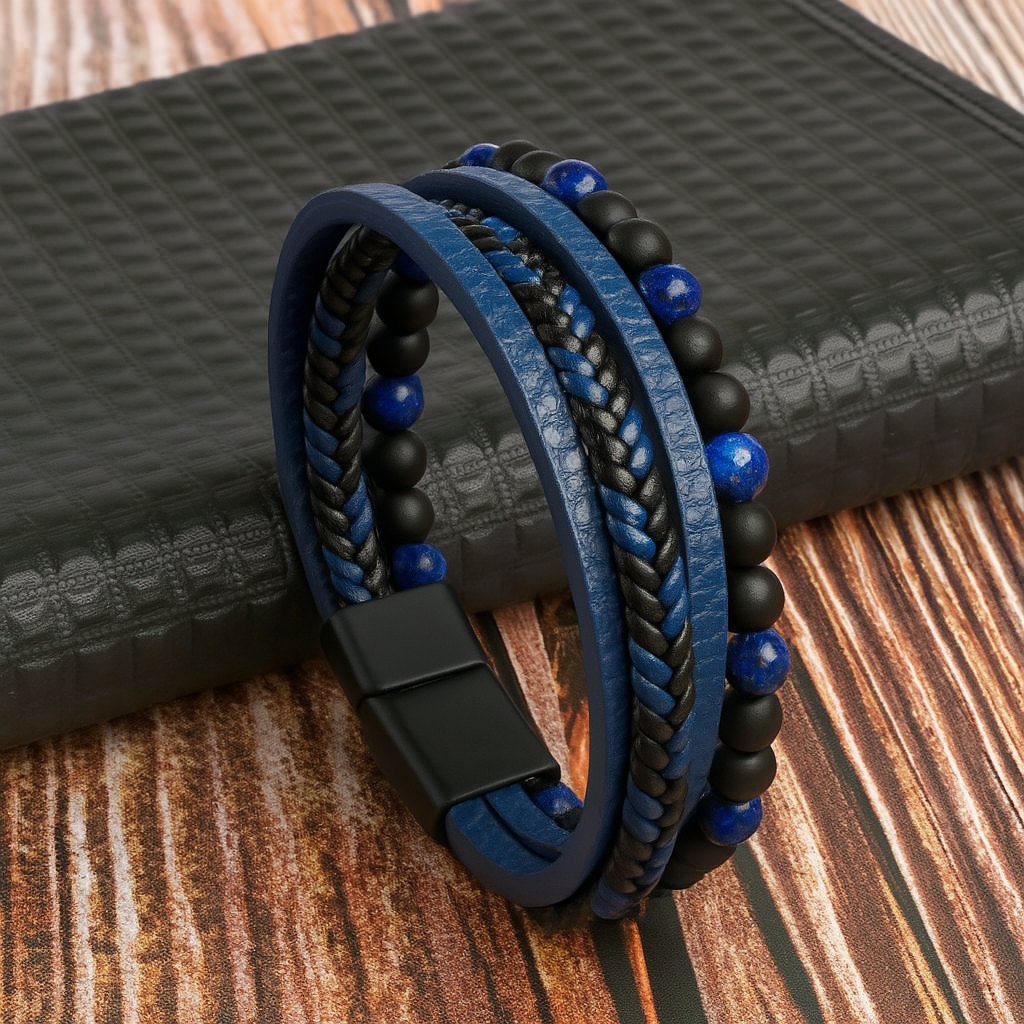 Blue leather bracelet with stone beads