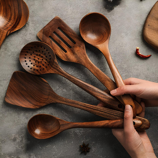 Natural Teak Wood Kitchen Utensil Set for Cooking and Serving