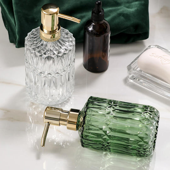 Green glass soap dispenser pair